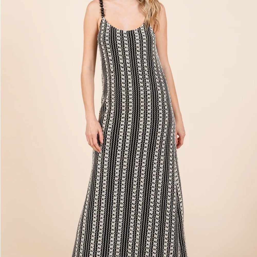 Crochet Black Cream Stripe Maxi Dress Wood Bead Straps S Boho Beach Festival